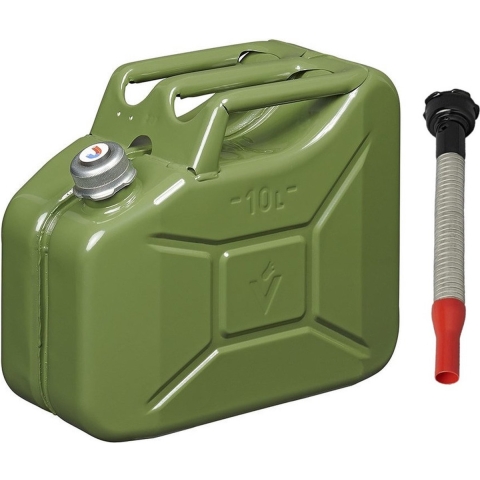 Metalen jerrycan legergroen voor brandstof met magnetische dop 10 liter incl. grijze schenktuit -