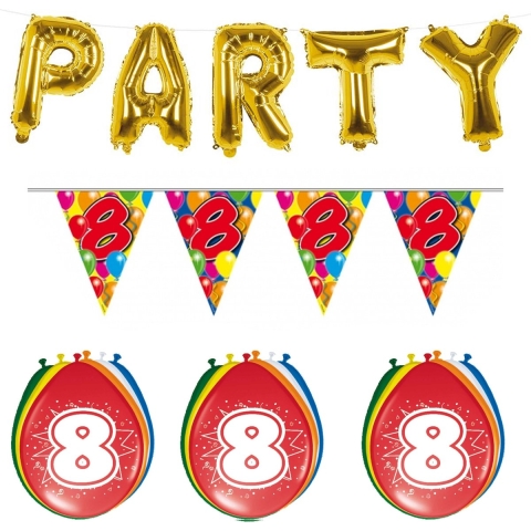 Verjaardag feestversiering 8 jaar PARTY letters en 16x ballonnen met 2x plastic vlaggetjes -