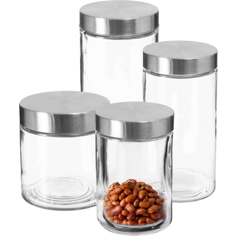 Set van 8x keuken voorraadbussen/potten glas RVS deksel - 4 formaten -