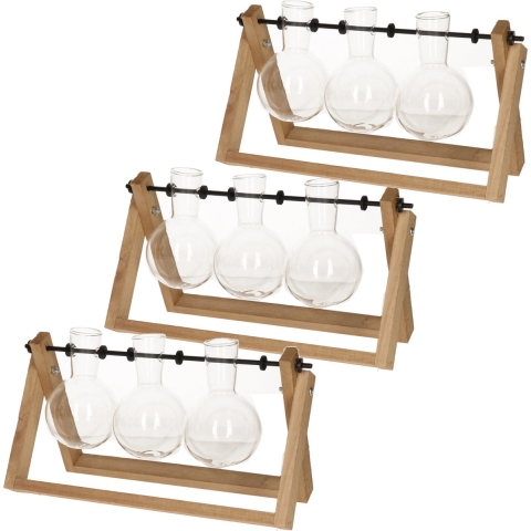 3x stuks stekset van hout 25 x 14 cm met 3 glazen vaasjes 11 x 6 cm -