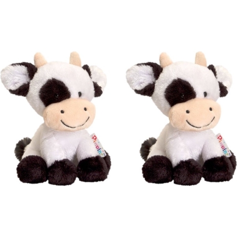 Knuffel Koe - 2x - zwart / wit - pluche - knuffeldier - 14 cm -