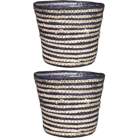 Set van 3x stuks naturel zwart rotan planten pot mand van gedraaid jute/riet H20 en D22 cm -