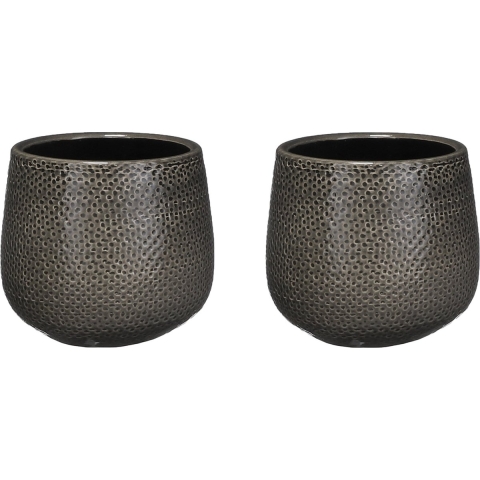 Set van 2x stuks bloempotten antraciet ribbels keramiek voor kamerplant H12 x D14 cm -