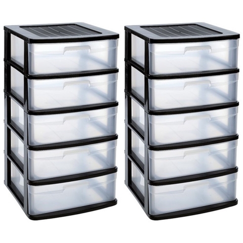 PlasticForte Ladeblok bureau organizer - 2x stuks - 5 lades - zwart - 40x39x81cm -