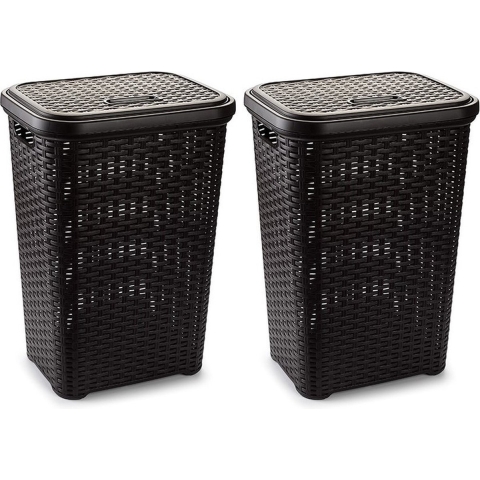 Plasticforte Wasmand met deksel - 2x stuks - 60 liter - donkerbruin - rotan - kunststof - L35 x B43 -