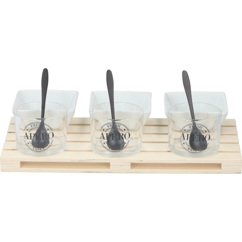 Amuse/aperitief set 10-delig voor 3 personen met vierkante schaaltjes en minipallet tray rechthoek -