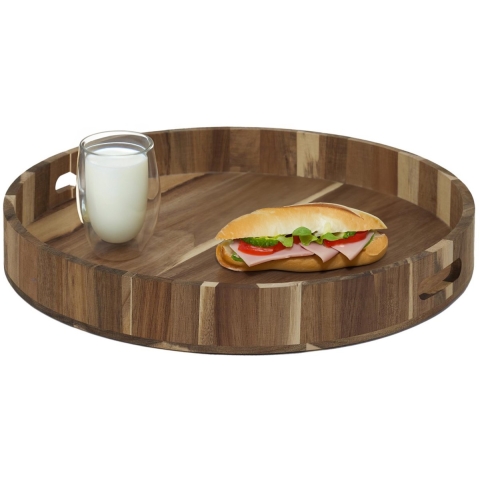 Home Deco Factory dienblad van Acacia hout - Rond - 40 x 5 cm - bruin - Hoge opstaande rand -