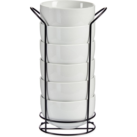 Soepkommen/serveer schaaltjes - Madras - porselein - D15 x H8 cm - wit - In stapelrek van metaal -