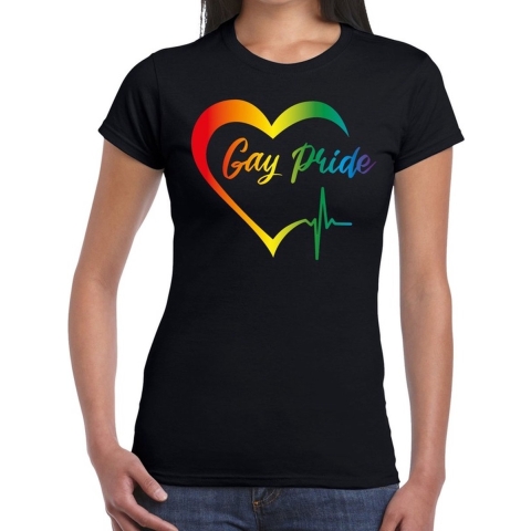 Gay Pride regenboog hart t-shirt zwart voor dames M -