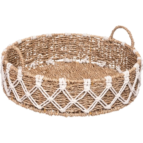 Dienblad/serveer plateau - Dia 38 cm - gevlochten en macrame - Naturel look - Metalen frame -