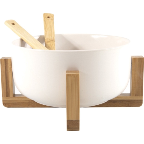 Secret de Gourmet - Saladeschaal/kom op standaard - Met couvert - Bamboe - Wit - D21 x 10 cm -