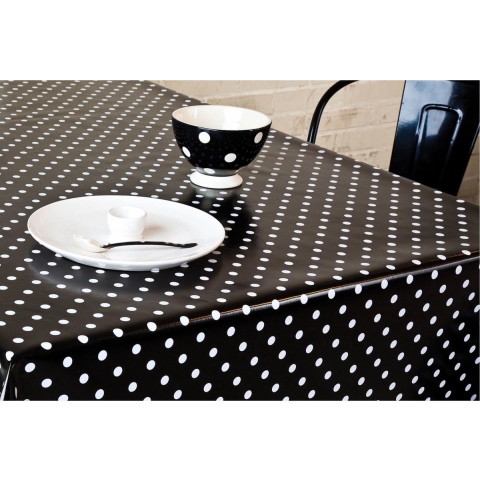 Bellatio Design Tafelzeil - 140 x 300 cm - zwart/wit - pvc - polkadot - tuintafelkleed -