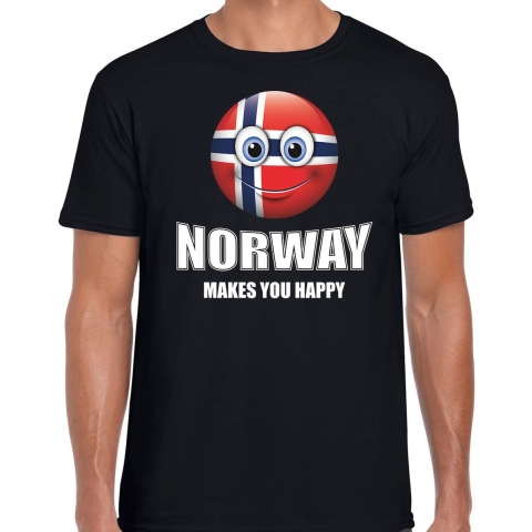 Norway makes you happy landen t-shirt Noorwegen zwart voor heren met emoticon XL -