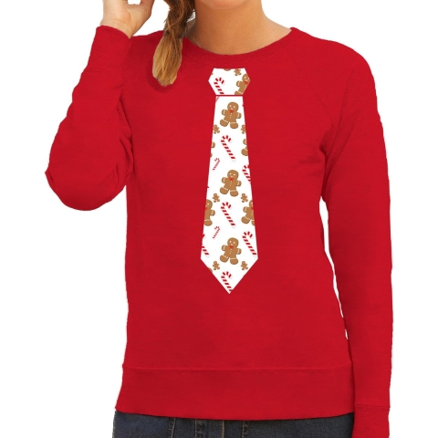Stropdas Kersttrui/kerst sweater gingerbread zuurstok rood voor dames M -