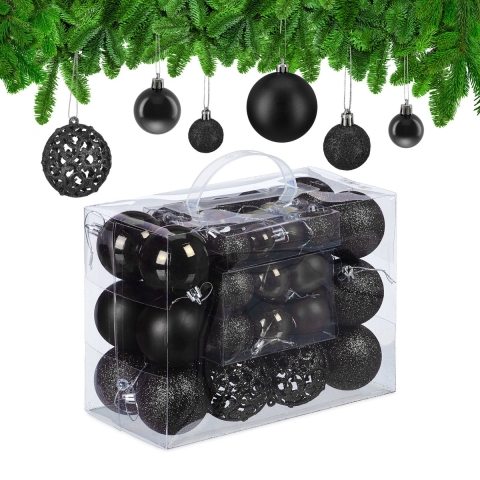 Relaxdays kerstballen - 50x st - zwart - 3, 4 en 6 cm - kunststof - mat/glans/glitter -
