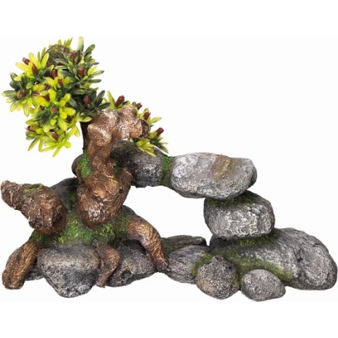Nobby aqua deco bonsai groen met rotsstenen 19 x 9 x 13 cm - 1 ST