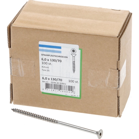 Hoenderdaal Spaanplaatschroef Rvs-A2 Pk Torx TX25 6.0X130/70 | 100 stuks - 0206.30.50901