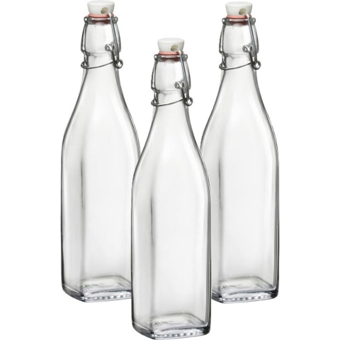Bormioli Rocco beugelfles/weckfles - 3x - 1 liter - glas - vierkant - water/olie/azijn/sapjes -