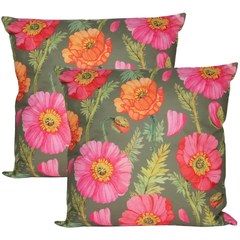 Sierkussen voor binnen en buiten - 2x - klaprozen bloemen - groen/roze - 60 x 60 cm - tuinkussen -