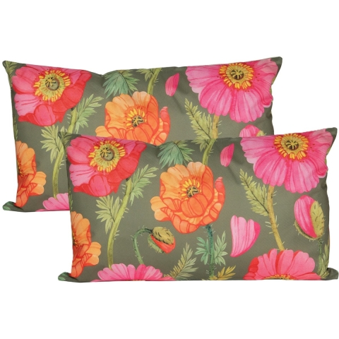 Sierkussen voor binnen en buiten - 2x - klaprozen bloemen - groen/roze - 30 x 50 cm - tuinkussen -