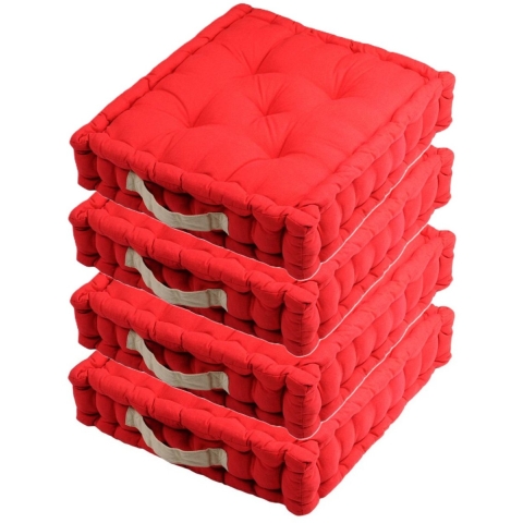 Stof Textile Vloerkussen DUO - 4x - rood - katoen - 45 x 45 x 10 cm - vierkant - Extra dik -