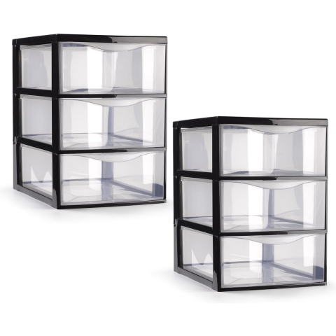 Ladeblokje/bureau organizer - 2x stuks - 3 lades - transparant/zwart - L18 x B25 x H25 cm - plastic -