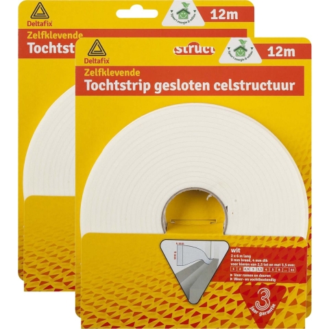 Tochtstrip - 2x - tochtwering - wit - zelfklevend - universeel - 12 m x 9 mm x 4 mm -
