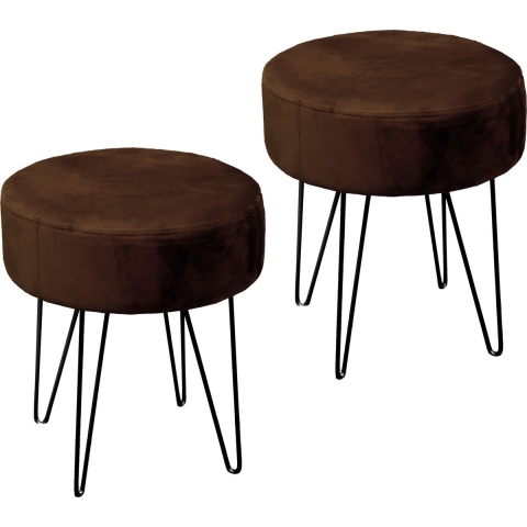 Velvet kruk Davy - 2x - donker bruin - metaal/stof - D35 x H40 cm - bijzet stoeltjes -