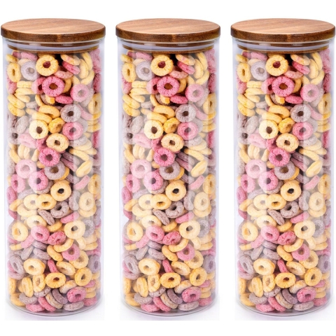 Voorraadpot/bewaarpot Foodking - 3x - borosilicaat glas - 1650 ml - glas/hout - D9.5 x H27 cm -