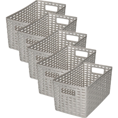Opbergmand - 5x - Kastmand - rotan kunststof - zilver - 5 Liter - 15 x 28 x 13 cm -