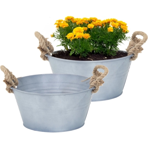 Plantenpot/bloempot teil Old Rope - 2x - rond - zink - zilver - D26 X H12.5 cm -