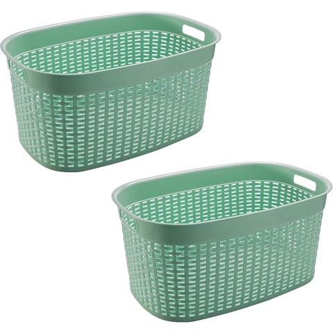 Rotan line wasmand - 2x - mintgroen - inhoud 44 liter - kunststof - 58 x 39 x 27 cm - met handvatten -