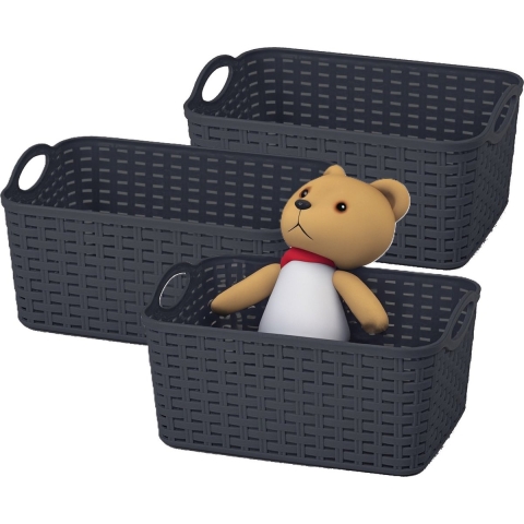 Opbergmand/kastmandje - 3x - 12 liter - zwart - gevlochten kunststof - 33 x 24 x 21 cm -