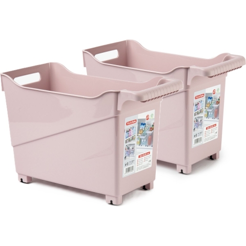 Opslag/opberg trolley container - 2x - roze - op wieltjes - L38 x B18 x H26 cm - kunststof -