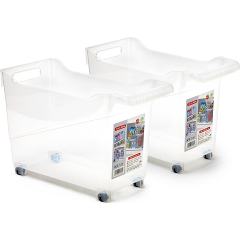 Opslag/opberg trolley container - 2x - transparant - op wieltjes - L38 x B18 x H26 cm - kunststof -