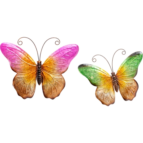 Wanddecoratie vlinders - 2x - groen/roze - 44 x 32 cm - metaal - muurdecoratie/schutting -