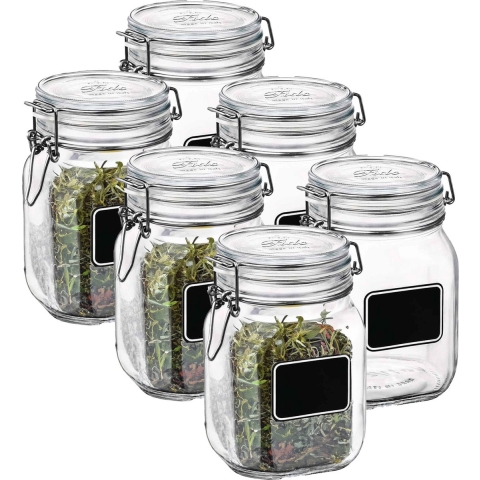 Voorraad/weckpot - 6x - transparant - glas - 16 x 10,6 cm - 1 L - krijtplaatje - Bormioli Rocco -