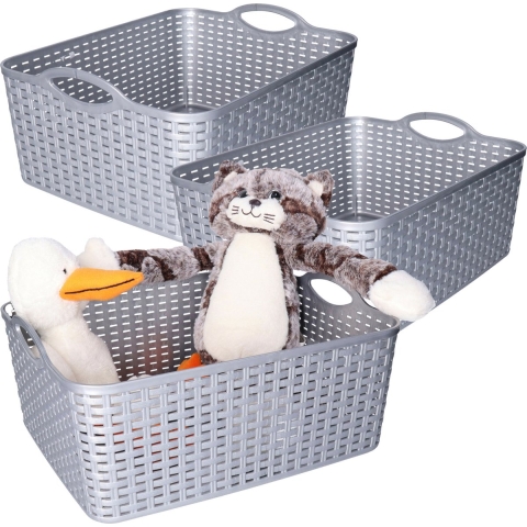 Opbergmand/kastmandje - 3x - 11 liter - zilver - gevlochten kunststof - 35 x 28 x 16 cm -