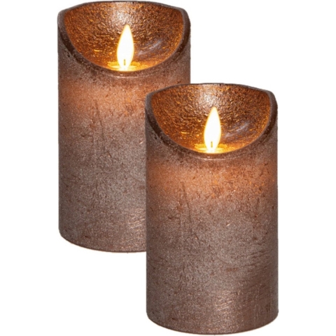 Led kaars/stompkaars - 2x st - brons - H12,5 x D7,5 cm - warm wit licht -bewegende vlam -