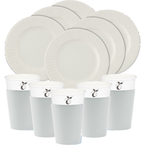 Feest/verjaardag BBQ bordjes/bekertjes set - 32-delig - zilvergrijs - rond - papier/karton -