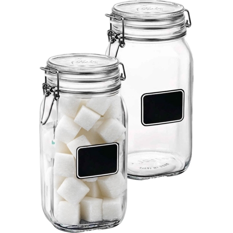 Voorraad/weckpot - 2x - transparant - glas - 22 x 10,6 cm - 1,5 L - krijtplaatje - Bormioli Rocco -