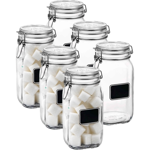 Voorraad/weckpot - 6x - transparant - glas - 22 x 10,6 cm - 1,5 L - krijtplaatje - Bormioli Rocco -