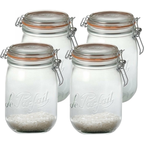 Voorraad/weckpot - 4x - transparant - glas - 17,6 x 8,5 cm - 1 L - Le Parfait -