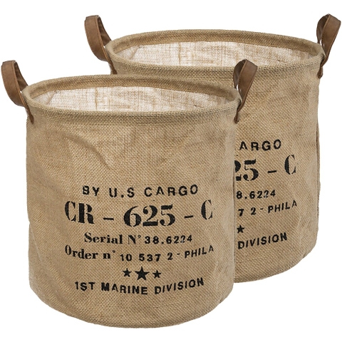 Opbergmand Vintage - 2x - rond - jute - naturel - D30 cm - opvouwbaar - decoratie mand -