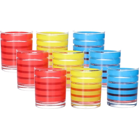 Drinkglazen Colorama - 9x - rood/geel/blauw - glas - 280 ml - gekleurd mix -
