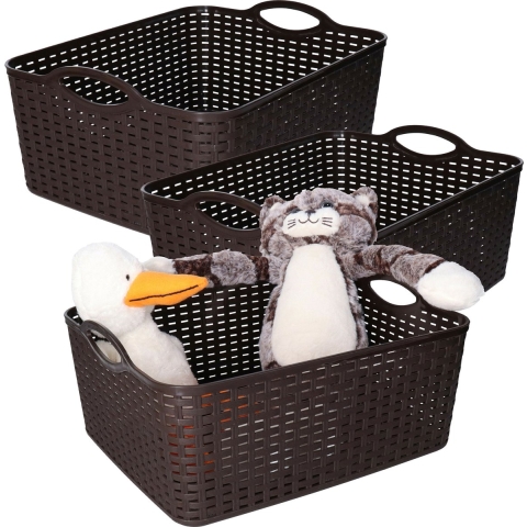 Opbergmand/kastmandje - 3x - 11 liter - donkerbruin - gevlochten kunststof - 35 x 28 x 16 cm -