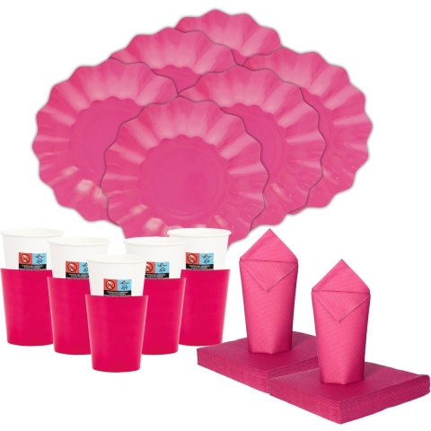 Feest BBQ bordjes/bekertjes/servetten set New Wave - 16 personen - fuchsia roze - papier/karton -