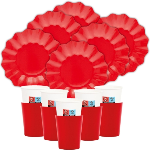 Feest/verjaardag BBQ bordjes/bekertjes set New Wave - 32-delig - rood - rond - karton -