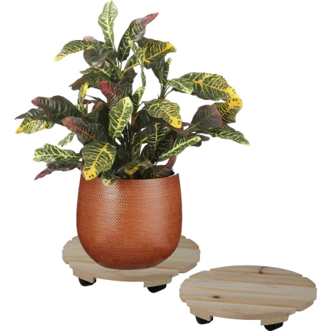 Sunnydays Plantenpot trolley - 2x - hout - naturel - rond - 30 x 30 cm - max 100 kilo -