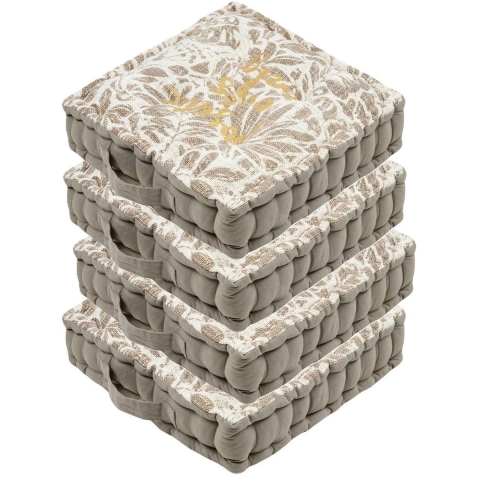 Stof Textile Vloerkussen Leaves - 4x - taupe/wit - katoen - 45 x 45 x 10 cm - vierkant - Extra dik -